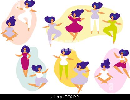 Schéma des danseuses. Les femmes qui exécutent la danse à l'école, studio. Des personnages féminins. Groupe de jeunes professionnels de la danse. Smiling young women enjoying dance party. Illustration de Vecteur