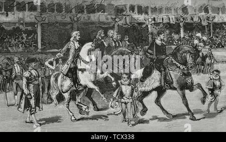 Le Portugal. Lisboa. Festejos en l'honneur de SS. MM. los Reyes de España, Alfonso XII 'El Pacificador" (1857-1885) y María Cristina de Habsburgo-Lorena (1858-1929). Corrida de toros organizada por el caballero Dos Anjos : Caballeros en la plaza saludando a los Reyes. La gravure. La Ilustración Española y Americana, 30 de febrero de 1882. Banque D'Images