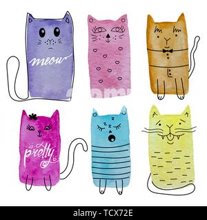 Aquarelle Cute cats vector set. Animaux drôles. Illustration de Vecteur