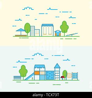 Aire de jeux avec balançoires. Aire de jeux pour enfants appelée en une ligne d'icônes. Les enfants jouant ensemble. infographie aire d'équipement Illustration de Vecteur