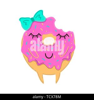 Sweet donut glaçage rose avec carte et beaucoup de sprinkles décoratifs. Donut sur un fond blanc. Design pour enfant, un autocollant, carte, menu, affiche, cas de téléphone Illustration de Vecteur