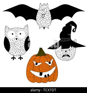 Silhouettes d'Halloween. Owl, potiron, black cat. Halloween party. Vector icons. Illustration de Vecteur