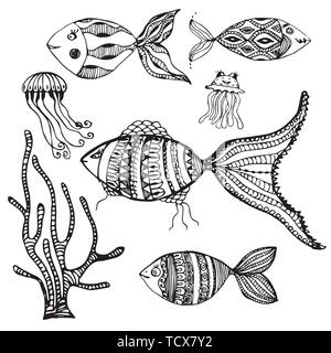 Vector set de poissons dessinés à la main, Medusa et algues Illustration de Vecteur