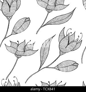 Transparent noir et blanc, texture botanique fleurs illustrations détaillées. Style Doodle, printemps floral background.Vector dessin de fleurs. Illustration de Vecteur