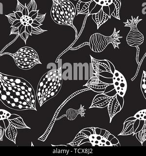 Transparent noir et blanc, texture botanique fleurs illustrations détaillées. Style Doodle, printemps floral background.Vector dessin de fleurs. Illustration de Vecteur