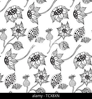 Transparent noir et blanc, texture botanique fleurs illustrations détaillées. Style Doodle, printemps floral background.Vector dessin de fleurs. Illustration de Vecteur