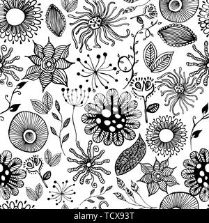 Transparent noir et blanc, texture botanique fleurs illustrations détaillées. Style Doodle, printemps floral background.Vector dessin de fleurs. Illustration de Vecteur