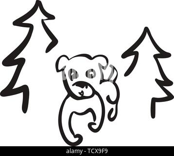 Promenades mignon chien dans une forêt. head line dessin art Illustration de Vecteur