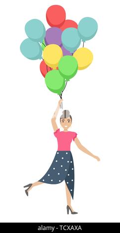 Heureux jolie fille avec des ballons dans ses mains. Voler sur un bouquet de ballons. Télévision cartoon style vector illustration Illustration de Vecteur