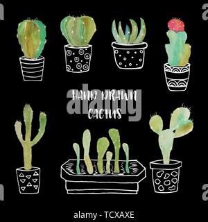 Cute hand drawn vector cactus en pots de fleurs. Illustration de Vecteur