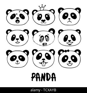 Ours Panda mignon avec diverses émotions.Ensemble de main appelée panda doodles. Icônes en noir et blanc. Illustration de Vecteur