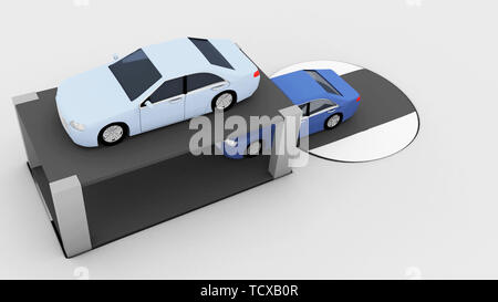 Double parking concept avec deux modèles de voitures en stationnement sur différents niveaux de stationnement dans l'une sur l'autre d'un garage de stationnement conceptuel Banque D'Images