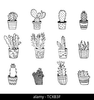 Cute hand drawn vector cactus en pots de fleurs. Illustration de Vecteur