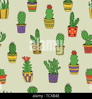 Vecteur dessiné à la main avec motif transparent coloré mignon cactus. Éléments de conception florale magnifique, parfait pour les impressions et les motifs. Illustration de Vecteur