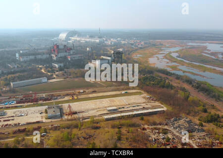 Centrale nucléaire de Tchernobyl, Ukrine. Vue aérienne Banque D'Images