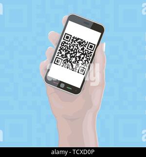 Main tenant Cellphone avec QR Code fictif10 EPS en couches Illustration de Vecteur
