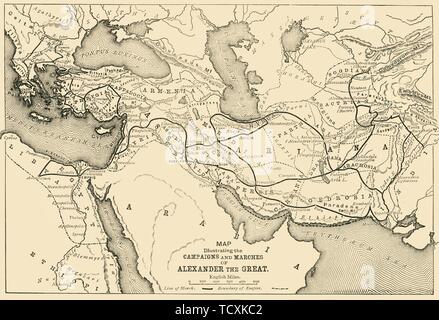 'Carte illustrant les campagnes et des marches d'Alexandre le Grand", 1890. Créateur : Inconnu. Banque D'Images
