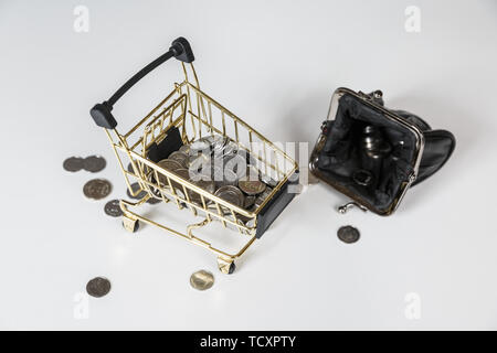 Main tenant une pièce de monnaie avec pile de pièce dans le panier sur fond gris et blanc. Photo symbolique du pouvoir d'achat et consommation Banque D'Images
