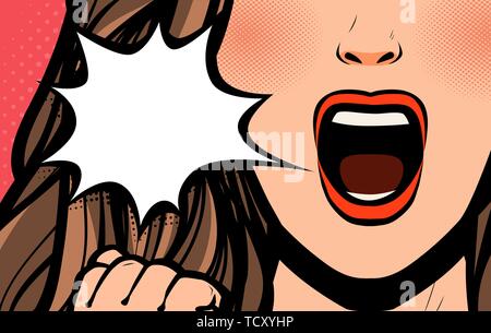 Belle jeune fille ou jeune femme crier. Pop art retro style bande dessinée. Cartoon vector illustration Illustration de Vecteur