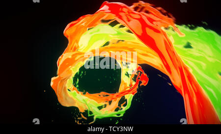 Bright colorful Abstract vortex liquide avec des touches. En agitant la surface de l'eau close up motion avec bulles d'isolé sur fond sombre. 3D 4k il Banque D'Images