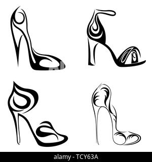 Ensemble de quatre femmes élégantes chaussures à talons hauts abstrait, noir sur blanc les images vectorielles Illustration de Vecteur