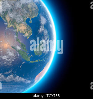 Carte Physique du monde, la vue satellite de l'Asie du Sud-Est, l'Indonésie. Monde entier. Hémisphère. Reliefs et des océans. Le rendu 3D Banque D'Images