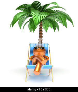 Personnage de l'homme froid relaxant beach chaise palm tree lunettes de soleil. Confort d'été d'or stylisé personne chaise longue chaise longue tourist Banque D'Images