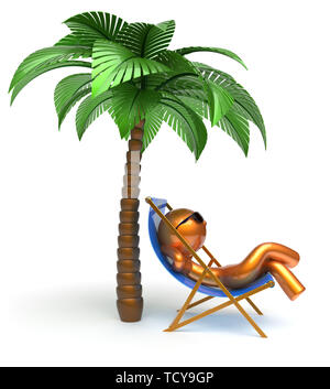 Caractère homme palmier plage refroidissement relaxant chaise confort d'été lunettes de soleil doré stylisé cartoon personne chaise longue chaise longue tourist Banque D'Images