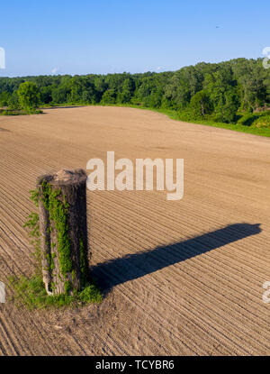 Lorman, Mississippi - un vieux silo dans un champ fraîchement labouré farm. Banque D'Images