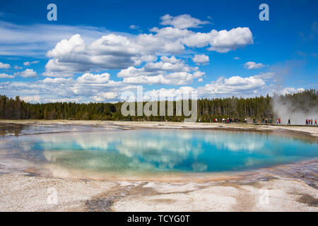 Micro-organismes et d'algues dye les formations rocheuses du grand prisme sources chaudes du Parc National de Yellowstone aux États-Unis dans des couleurs différentes pour former une texture colorée. Banque D'Images