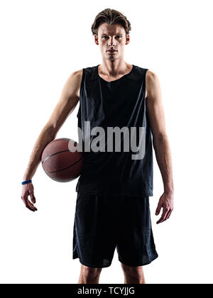 Un joueur de basket-ball homme de race blanche dans l'ombre silhouette isolé sur fond blanc Banque D'Images