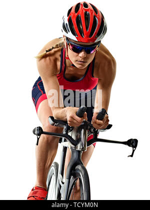 Un caucasian woman practicing triathlète Ironman Triathlon studio shot isolé sur fond blanc Banque D'Images