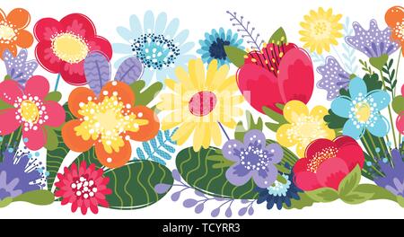 Seamless Floral frontière. Télévision drôle de modèle de fleurs sur fond blanc. Pour les cadres de conception, bande, ruban. Illustration de Vecteur