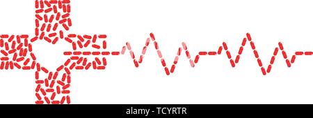 Capsules rouges organiser à coeur en forme de croix rouge et de la Pulsation cardiogramme vector illustration isolé sur fond blanc résumé de santé d'urgence de l'aide Illustration de Vecteur