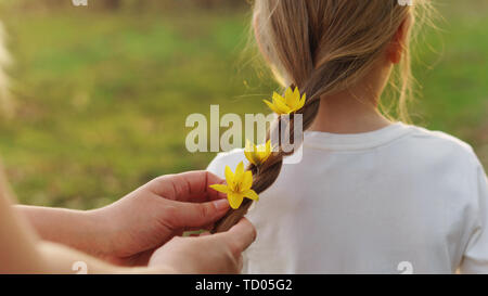 Prendre soin des mains maternelle braid les cheveux de petite fille. Maman décore ses cheveux en tressage jaune fleurs forêt vivent en fibre amorce. Professionnels de la maternité. Enfant ca Banque D'Images