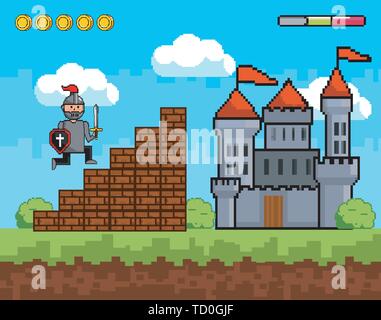 Jeu Arcade world design, Pixel art scène et rétro thème jeu vidéo Vector illustration Illustration de Vecteur