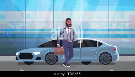 Man, voiture de luxe african american man in suit holding suitcase aller au travail business concept télévision horizontale pleine longueur Illustration de Vecteur