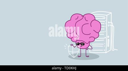 Cerveau humain mignon holding d'organes protection protection security concept kawaii style pink personnage à lunettes croquis horizontale Illustration de Vecteur