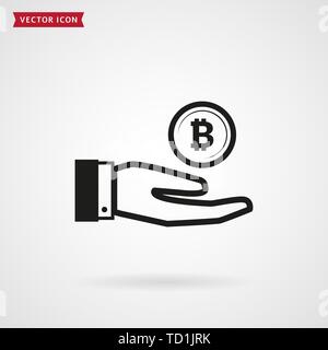 La main avec bitcoin. Principe des bénéfices de l'argent crypto. Icône vecteur. Symbole Cryptocurrency isolé sur fond blanc. Illustration de Vecteur
