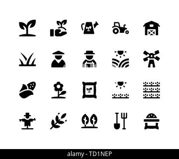 Simple Jeu d'Icônes glyphe vecteur associées à l'Agriculture. Contient des icônes telles que plantes, ferme, grange, Sack, scarecrow et plus Illustration de Vecteur