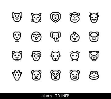 Simple Jeu d'Animal Face ligne vectorielle d'icônes. Contient des icônes telles que chien, chat, lion, singe, vache et plus. pixel perfect icônes vectorielles basées sur Illustration de Vecteur