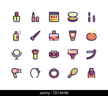 Simple Jeu de beauté ligne rempli de vecteur d'icônes. Contient des icônes telles que les vernis à ongles, rouge à lèvres, Maquillage, mascara, compact et plus. pixel perfect Illustration de Vecteur