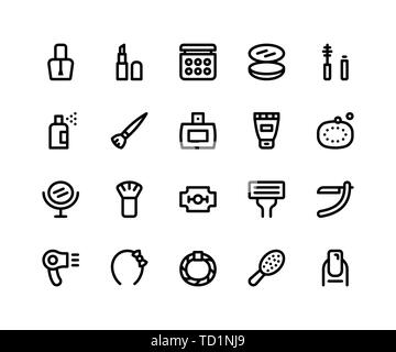 Simple Jeu de beauté ligne vectorielle d'icônes. Contient des icônes telles que les vernis à ongles, rouge à lèvres, Maquillage, mascara, compact et plus. pixel vecteur parfait Illustration de Vecteur
