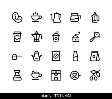 Ensemble simple de café Shop Related ligne vectorielle d'icônes. Contient des icônes tels les haricots, tasse, électrique, rectifieuse, tablier et plus. pixel vecteur parfait icônes correspondant Illustration de Vecteur