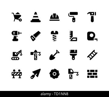 Simple Jeu d'icônes vectorielles connexes Construction glyphe. Contient des icônes telles que Barrow, casque, marteau, perceuse, scie et plus Illustration de Vecteur