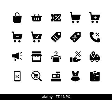 Simple Jeu d'E Commerce vecteur des icônes de glyphe. Contient des icônes telles que sac de shopping, magasin, d'escompte, l'étiquette et plus. pixel perfect vector icons Illustration de Vecteur