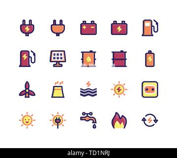 Simple ensemble de vecteurs liés à l'énergie de ligne rempli d'icônes. Contient des icônes telles que la prise, la batterie, le gaz, l'énergie solaire, l'huile, soleil et plus. pixel perfect vector icons Illustration de Vecteur