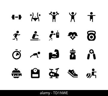 Ensemble simple de la forme physique des icônes vectorielles glyphe. Contient de telles icônes sous la forme d'haltère, exercice, exécuter, boxe, pousser vers le haut et plus. pixel perfect vector icons Illustration de Vecteur