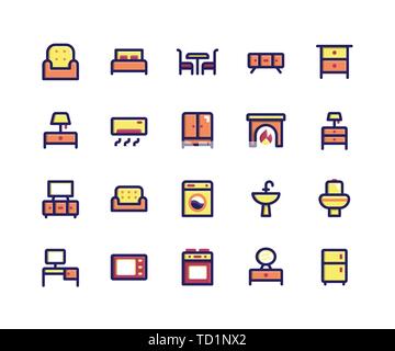 Set de meubles simples liées ligne vectorielle d'icônes. Contient des icônes telles qu'un canapé-lit, table, armoire, lampe, et plus encore. pixel vecteur parfait icônes correspondant o Illustration de Vecteur
