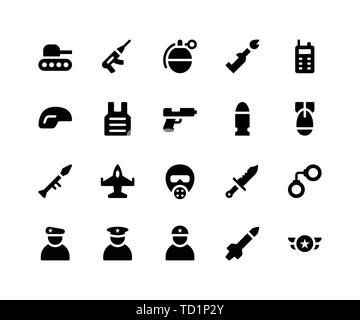 Simple Jeu d'Icônes glyphe vecteur liées au service militaire. Contient des icônes telles que l'armée de terre, arme à feu, grenade, molotov, bullet, rocket et plus. pixel vecteur parfait Illustration de Vecteur